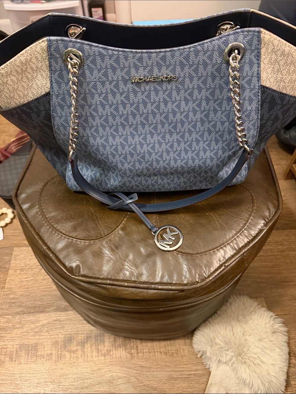 Michael Kors Blue Logo Chain-Handle Shoulder Tote